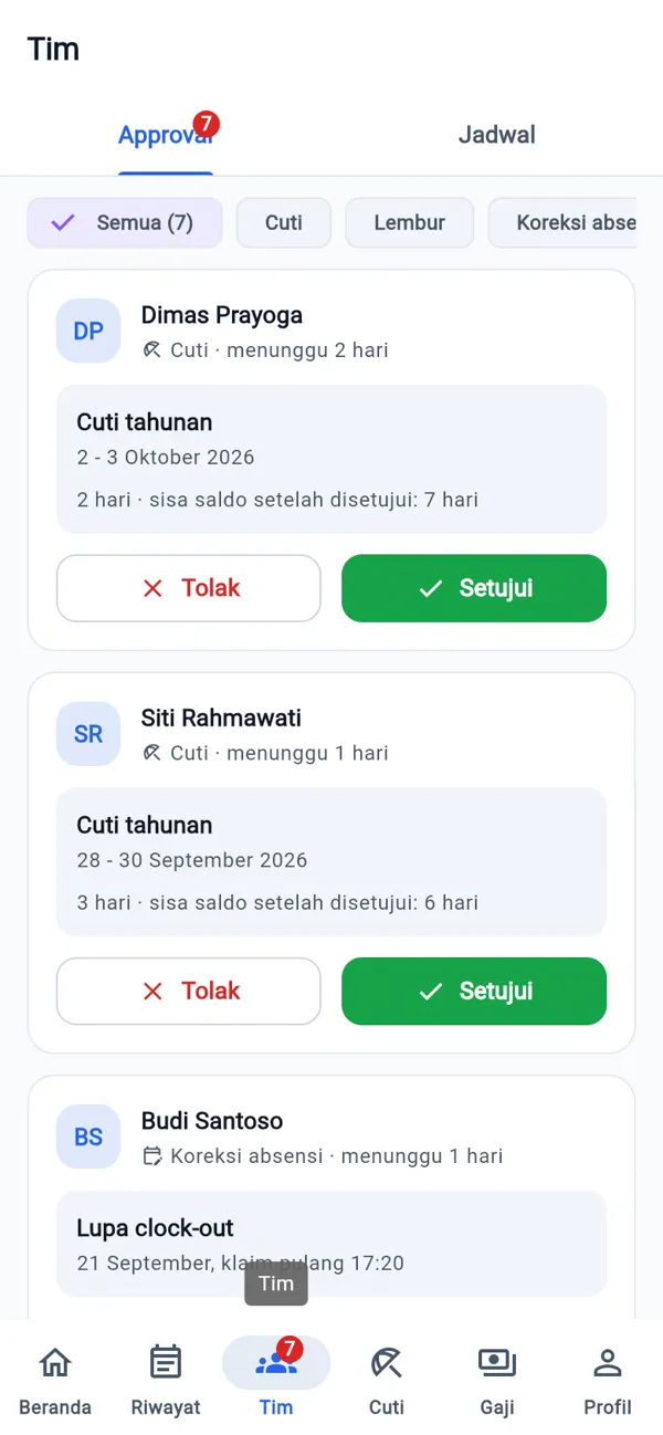 Antrean approval dengan filter jenis pengajuan