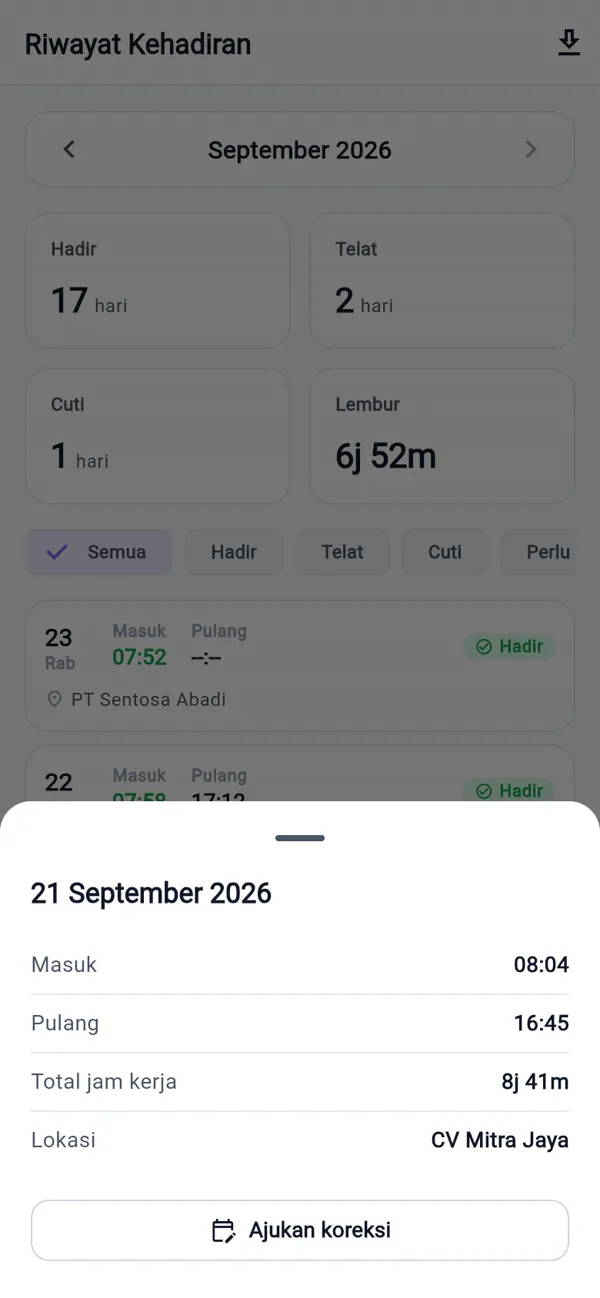 Detail kehadiran satu hari dengan tombol Ajukan koreksi