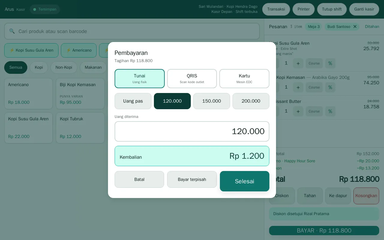 Pembayaran tunai dengan kembalian dihitung otomatis