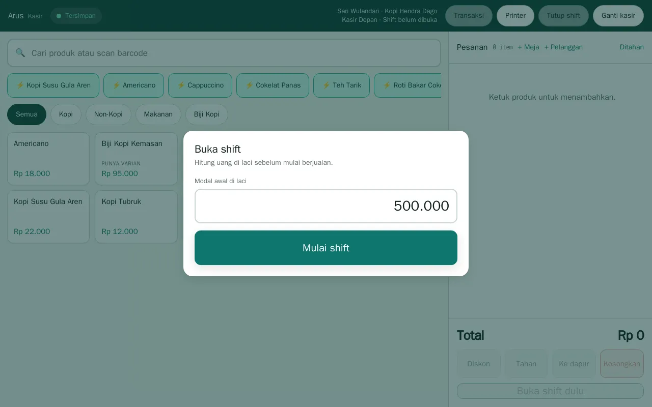 Dialog buka shift dengan modal awal di laci