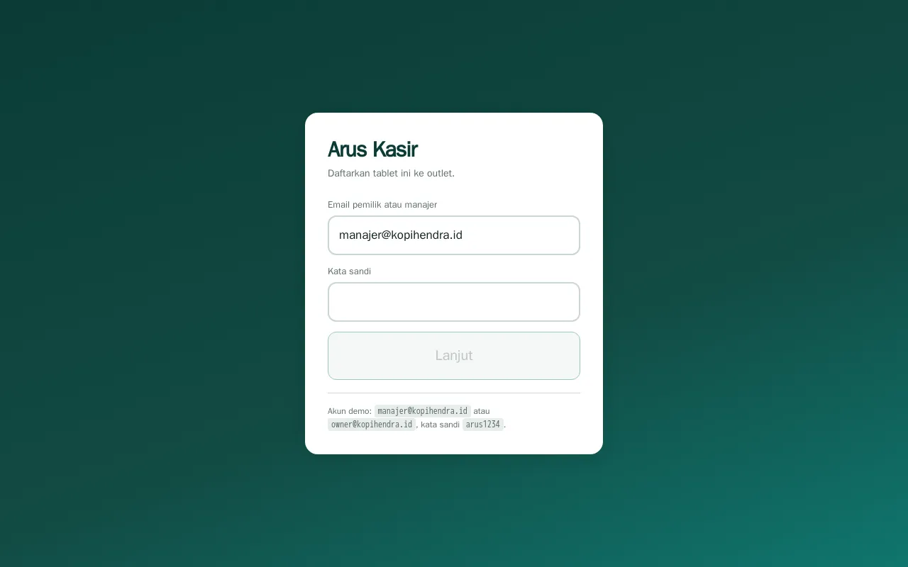 Layar pendaftaran tablet Arus Kasir