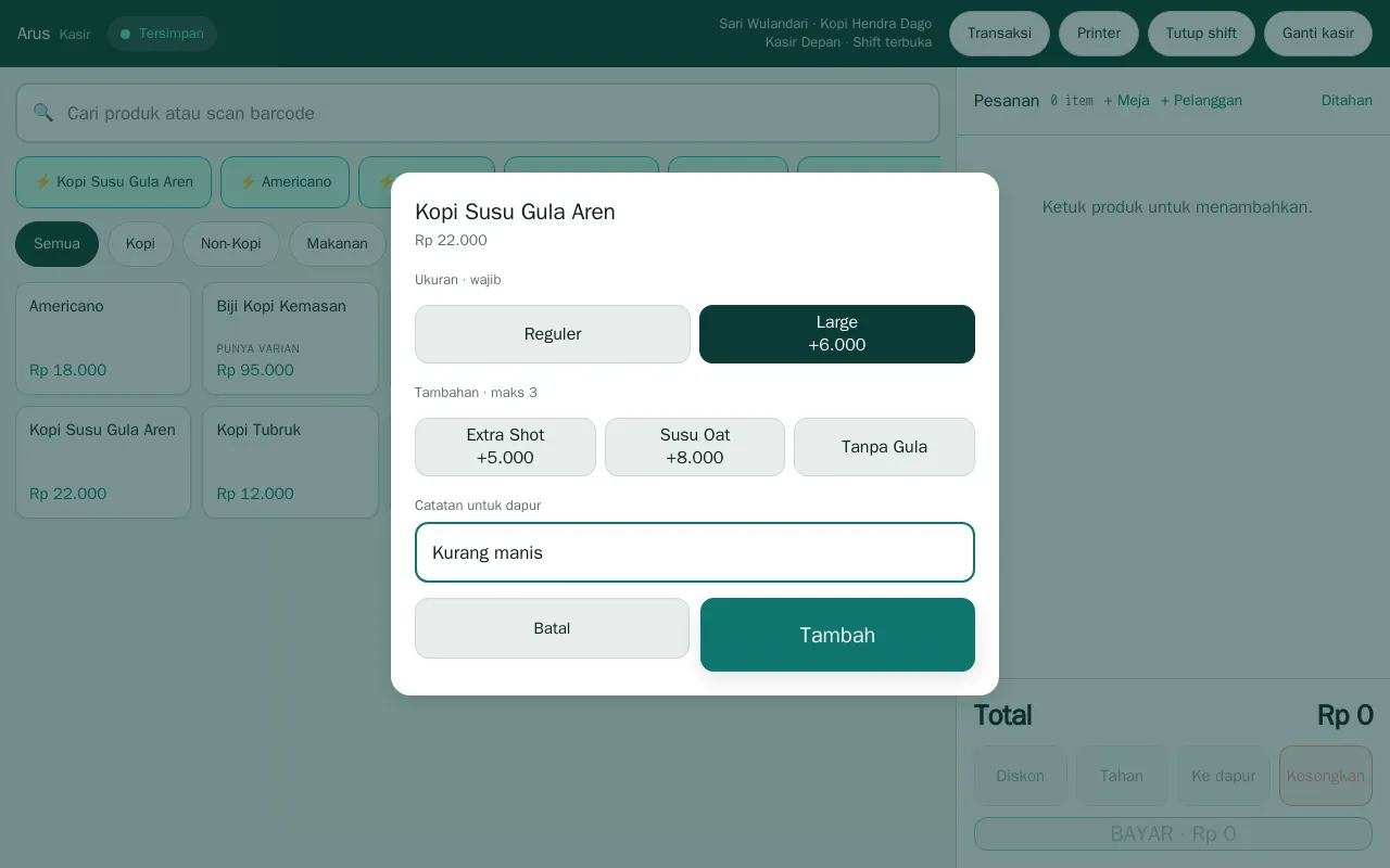 Dialog modifier: ukuran Large, tambahan, dan catatan dapur