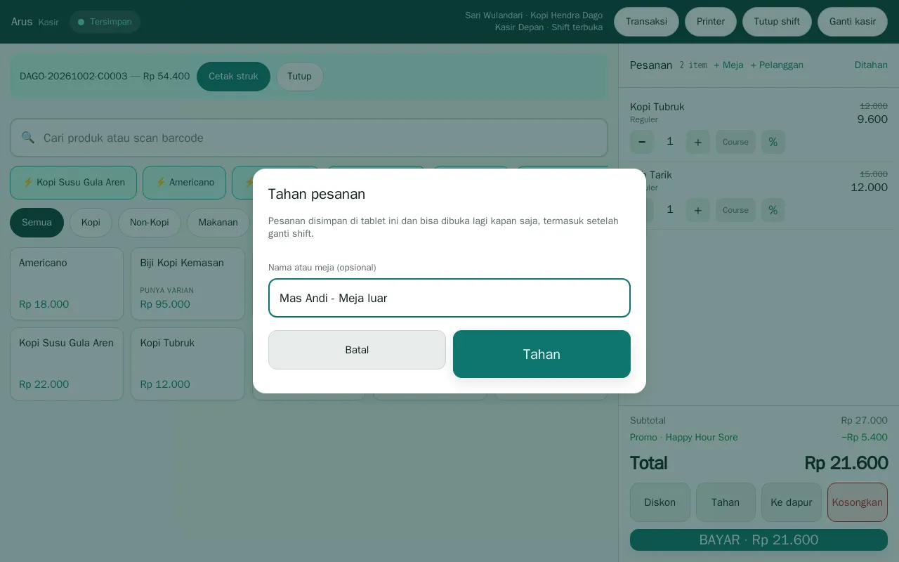 Dialog tahan pesanan dengan nama pelanggan