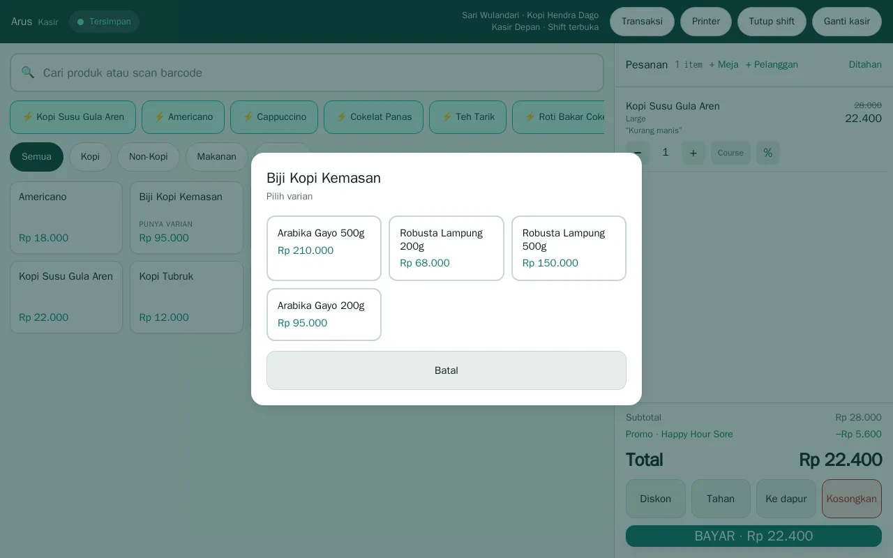 Dialog pilih varian biji kopi kemasan